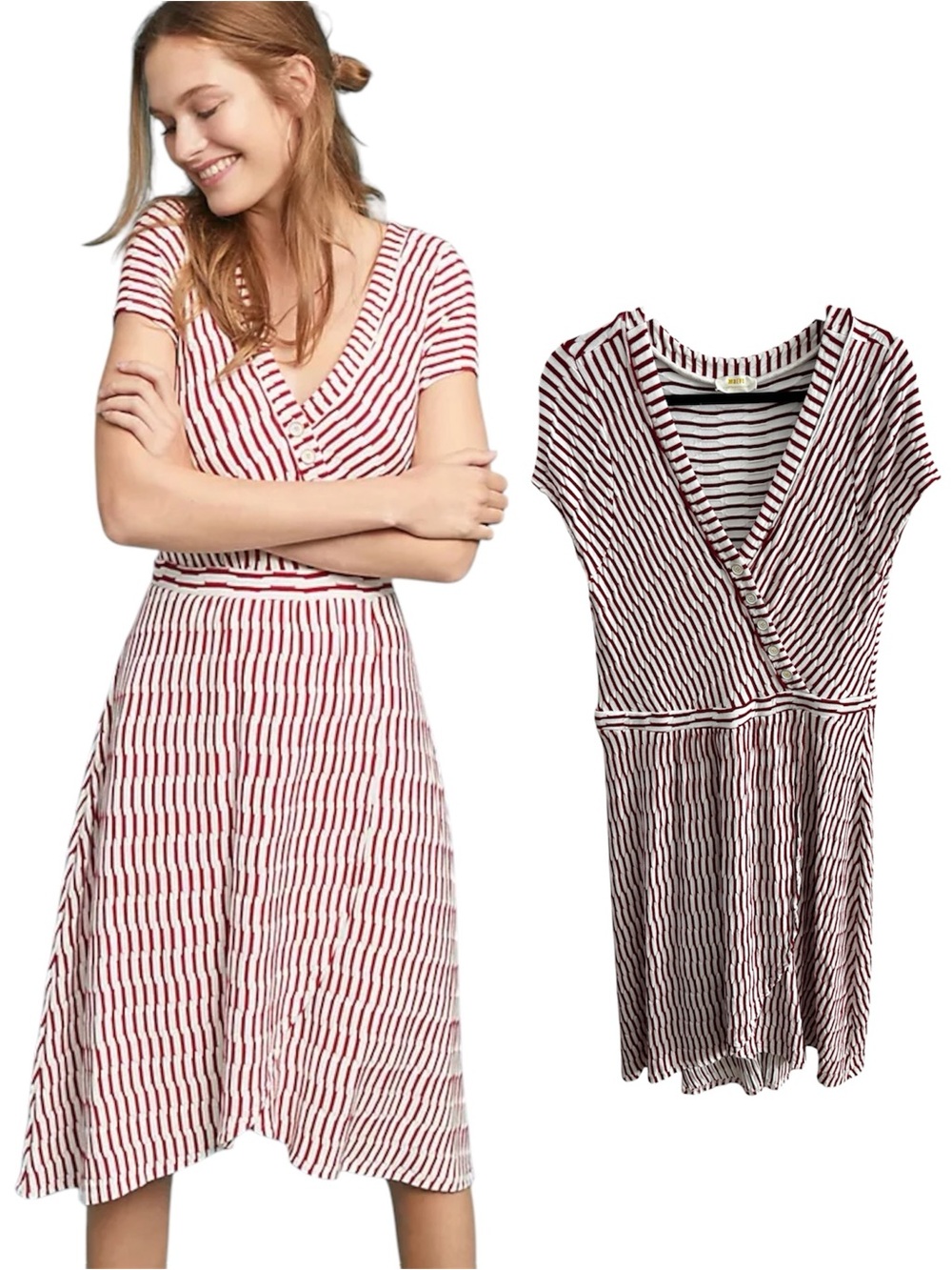 $138 Maeve Anthropologie Striped Red & White V-Neck Fit-and-Flare Button Dress